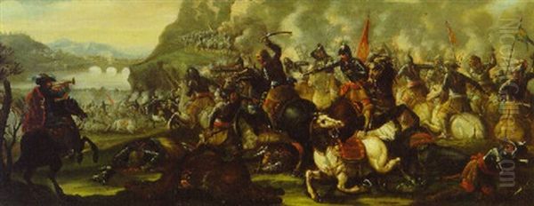 A Cavalry Battle By A River Oil Painting by Jan van Huchtenburg