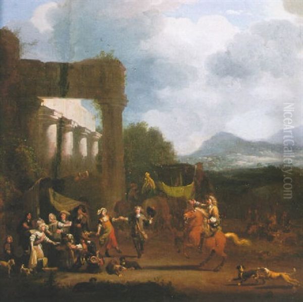 An Elegant Company Merrymaking By A Classical Ruin, With A Coach And Horses Beyond Oil Painting by Jan van Huchtenburg