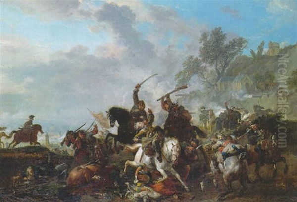 A Calvary Skirmish, A River Beyond Oil Painting by Jan van Huchtenburg