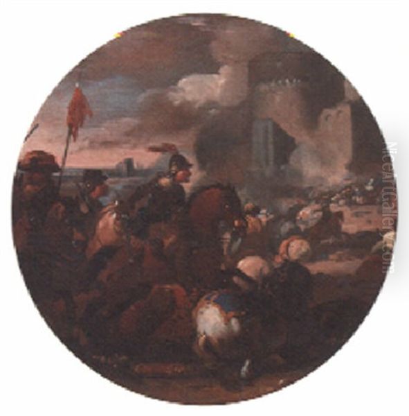 A Cavalry Battle Near A Castle Oil Painting by Jan van Huchtenburg