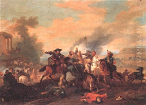 Cavalry Skirmish With A Fortified Town On A Plain Oil Painting by Jan van Huchtenburg