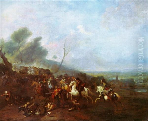 A Cavalry Skirmish On A Country Road, A Village In A Valley Beyond Oil Painting by Jan van Huchtenburg