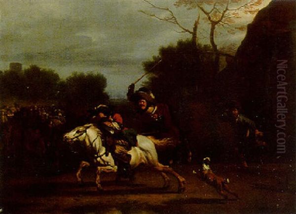 A Cavalryman Chased From A Village Inn Oil Painting by Jan van Huchtenburg