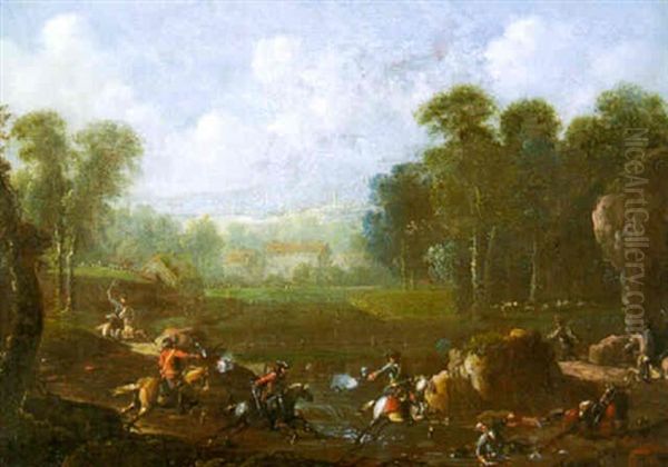 Landschap Met Strijdende Ruiters Oil Painting by Jan van Huchtenburg