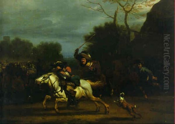 A Cavalryman Chased From A Village Inn Oil Painting by Jan van Huchtenburg