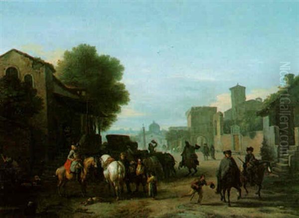 Italianate Landscape With Travellers In A Square Oil Painting by Jan van Huchtenburg