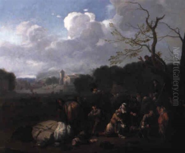 Uberfall Auf Eine Ortschaft Oil Painting by Jan van Huchtenburg