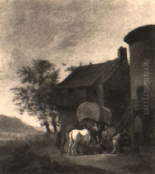 A Traveller With A Waggon At A Forge Oil Painting by Jan van Huchtenburg