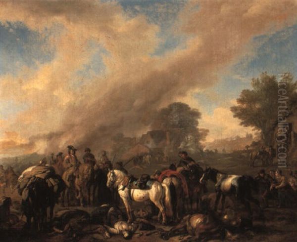 Soldiers Sacking A Village Oil Painting by Jan van Huchtenburg