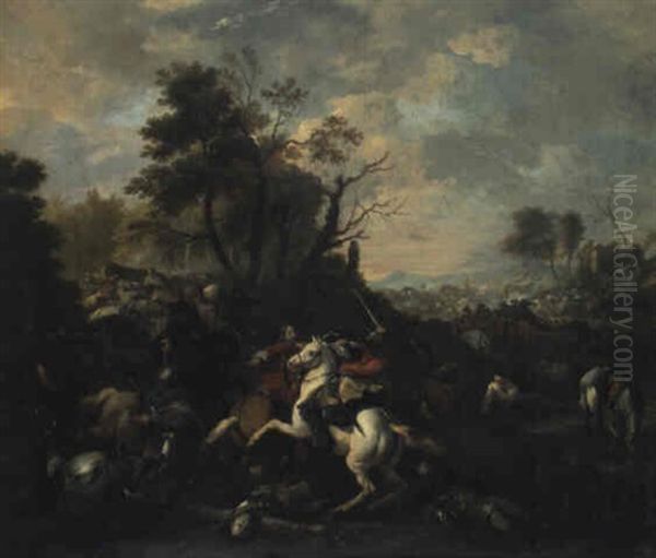 L'attaque D'un Campement Militaire Par La Cavalerie Turque Oil Painting by Jan van Huchtenburg