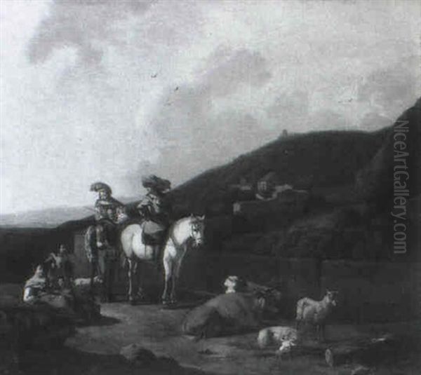 Shepherds Meeting A Hunting Party In An Italianate Landscape Oil Painting by Jan van Huchtenburg