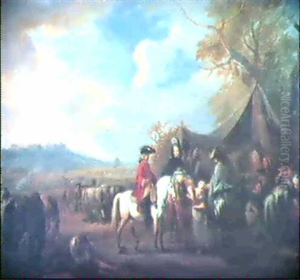 Der Besuch (ein Furstliches Paar In Der Tracht Des 18.      Jahrhunderts Besucht Zu Pferde Ein Soldatencamp) Oil Painting by Jan van Huchtenburg