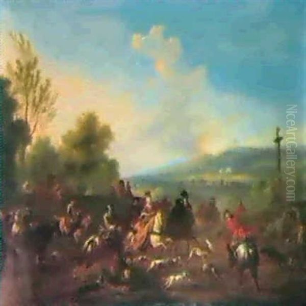 A Hunting Party In An Italianate Landscape. by Jan van Huchtenburg