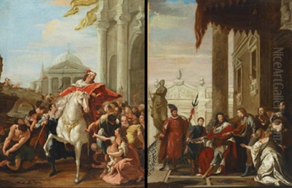 The King And His Court (+ The King Being Blessed By The Throngs; Pair) Oil Painting by Johann Gerhard Huck