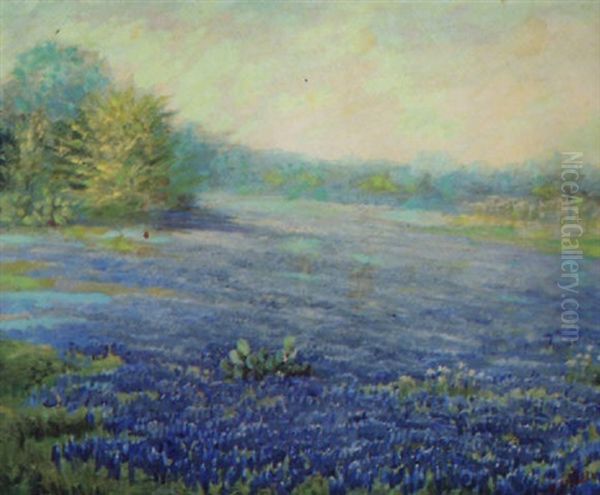 Field Of Bluebonnets, Texas Oil Painting by Nannie Zenobia Huddle