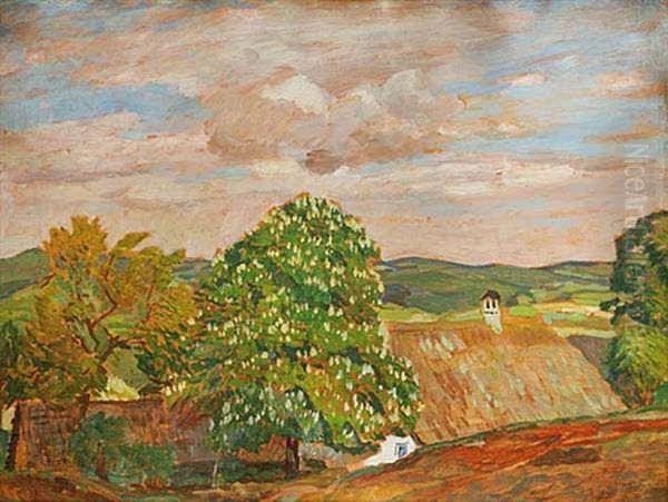 A Landscape With A Chestnut Tree In Blossom Oil Painting by Antonin Hudecek