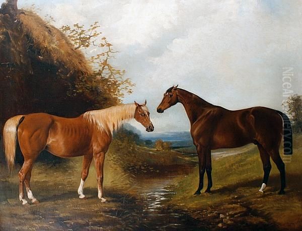 A Bay And Chestnut Horse In A Landscape Oil Painting by Henry Barraud