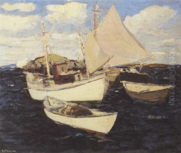 A Harbor Scene With Sailboats Oil Painting by Elmer Forrest Hudson