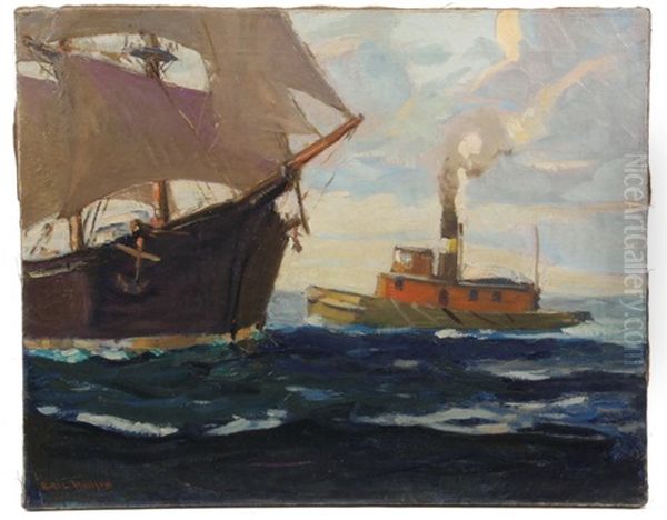 Tug Boat Approaching Sailing Ship Oil Painting by Eric Hudson