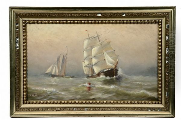 Schooner And Barque Passing In Fog Oil Painting by Eric Hudson