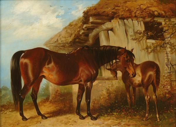 Brood Mare And Foal Oil Painting by Henry Barraud