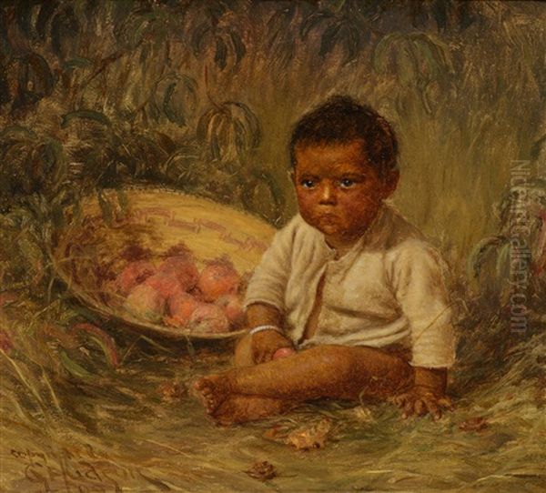 Rikis Sitting Under A Peach Tree Oil Painting by Grace Carpenter Hudson