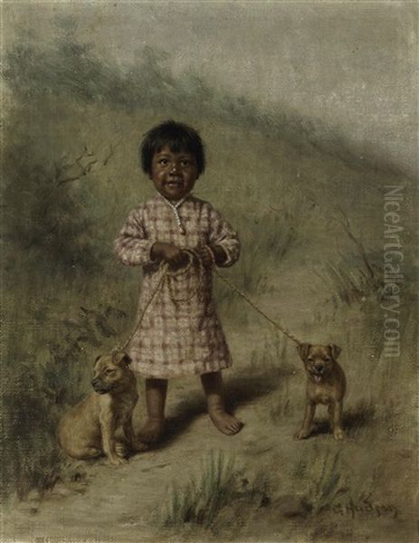 Greenie With Two Yellow Puppies Oil Painting by Grace Carpenter Hudson