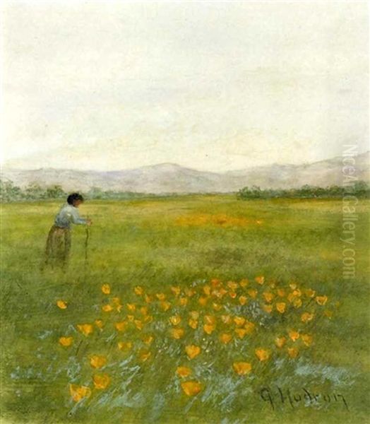 A Woman Walking In A Field Of Poppies (+ A Woman Walking In A Forest Clearing; Pair) Oil Painting by Grace Carpenter Hudson