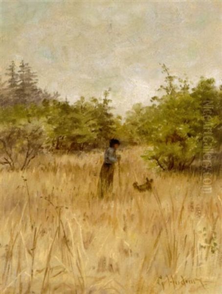 A Woman Walking A Dog In A Field Oil Painting by Grace Carpenter Hudson