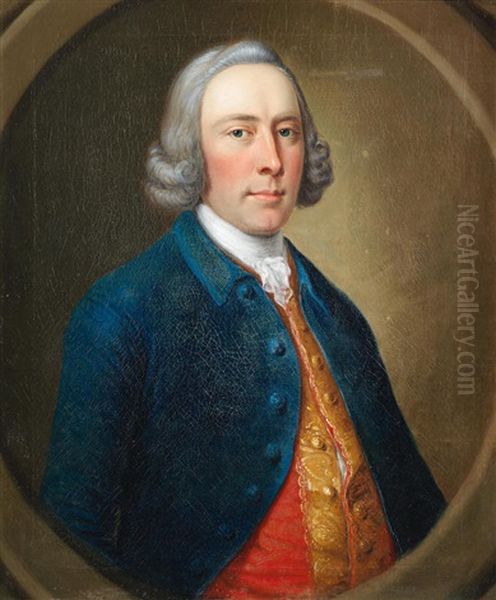 Portrait Of A Gentleman, Bust-length, In A Red Brocade Waistcoat And A Blue Coat, In A Painted Oval Oil Painting by Thomas Hudson