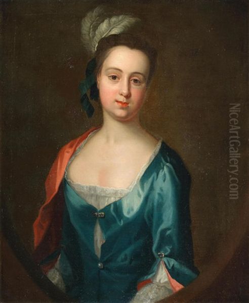 Portrait Of A Lady, Said To Be Lady Howard, Bust-length, In A Blue Dress And Feather Headdress, Within A Painted Oval Oil Painting by Thomas Hudson