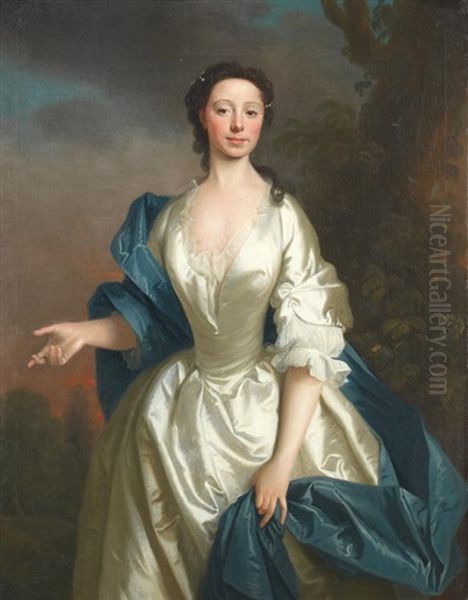 Portrait Of A Lady, Traditionally Identified As Mrs Ewing, Three-quarter-length, In A White Silk Dress And Blue Wrap, Before A Landscape In A Carved Chippendale Frame Oil Painting by Thomas Hudson