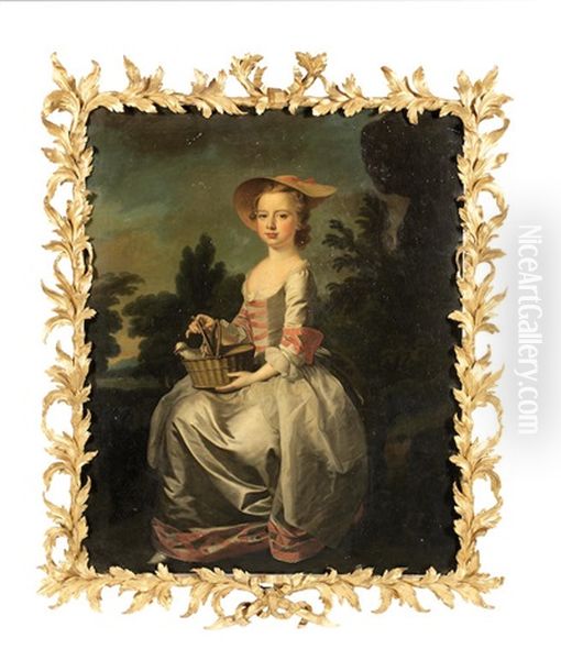 Portrait Of Albinia Bertie As A Young Girl, Seated In A Landscape Holding A Basket Of Doves, A Spaniel At Her Feet In An Exceptional Carved And Gilt English Rococo Frame Oil Painting by Thomas Hudson