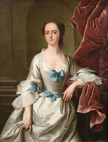 A Portrait Of A Lady, Three Quarter Length In A White Satin Dress Trimmed With Blue Ribbon Oil Painting by Thomas Hudson