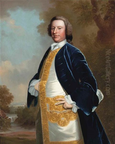 Portrait Of William Morrice Of Belshanger, Kent (1708-1758), Three-quarter-length, In A Blue Velvet Coat And An Embroidered Waistcoat, A Landscape With A Waterfall Beyond Oil Painting by Thomas Hudson