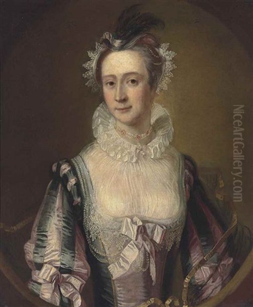 Portrait Of A Lady, Traditionally Identified As Lady Frances Hanbury Williams (1709-1781), Half-length, In Van Dyck Costume, In A Feigned Oval Oil Painting by Thomas Hudson