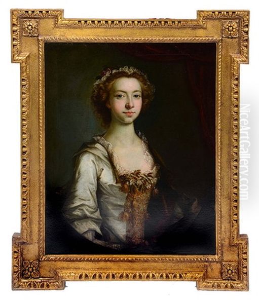 Portrait Of A Lady With Brown Curly Hair Wearing A Lace Trimmed Headdress Oil Painting by Thomas Hudson