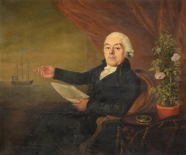 Portrait Of A Gentleman Wearing A Black Suit, Powdered Wig And Holding A Document Whilst Pointing To A Masted Ship At Sea Beyond Oil Painting by Thomas Hudson