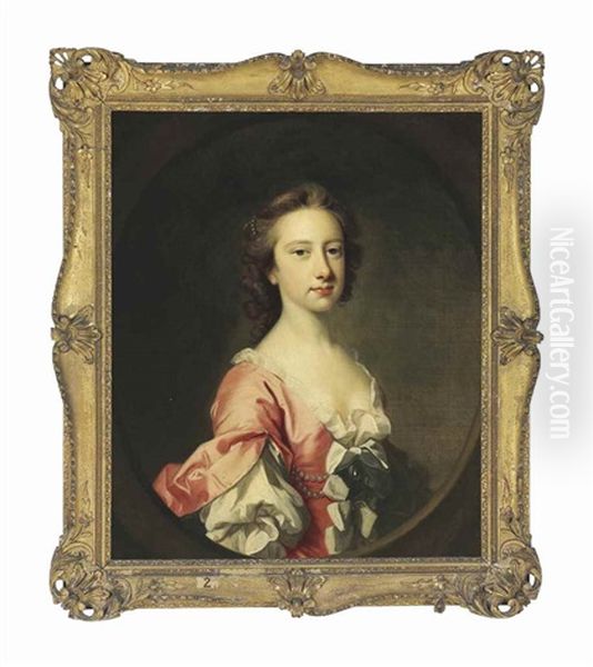 Portrait Of Lady Anne Brudenell (d. 1786), Half-length, In A Pink Dress With Cuffed Sleeves And Pearls In Her Hair, In A Painted Oval Oil Painting by Thomas Hudson