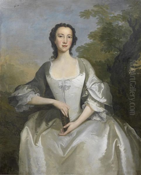 Portrait Of Lady Martha Aubrey, Three-quarter-length, In A White Dress, Seated Before A Landscape Oil Painting by Thomas Hudson