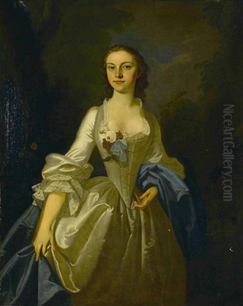 A Portrait Of A Lady In A White Gown, Three-quarter-length Oil Painting by Thomas Hudson