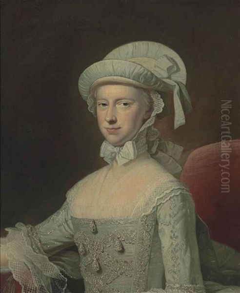 Portrait Of A Lady, Half-length, In A White Embroidered Lace-trimmed Dress And A Bonnet, Seated In An Interior Oil Painting by Thomas Hudson