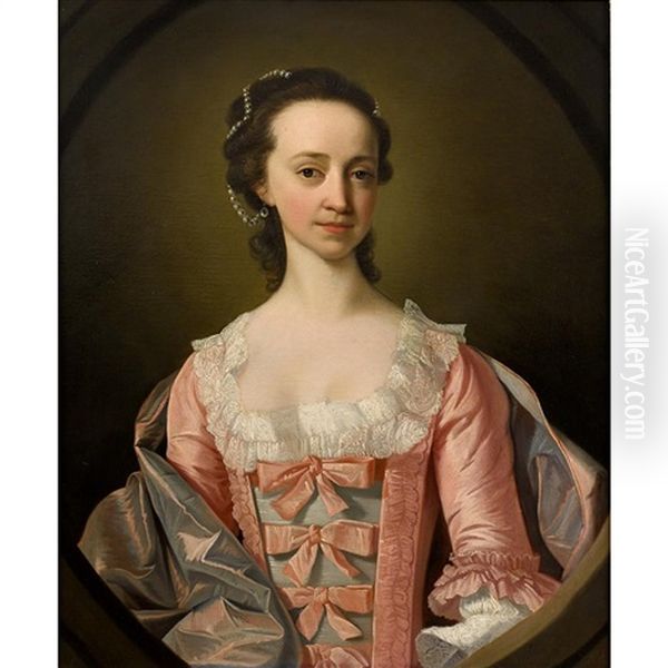 Portrait Of A Lady, Half Length, In A Feigned Oval Oil Painting by Thomas Hudson