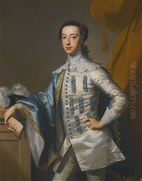 Portrait Of Sir James Lowther, 1st Earl Of Lonsdale Three-quarter Length, Holding A Mask In His Right Hand Oil Painting by Thomas Hudson