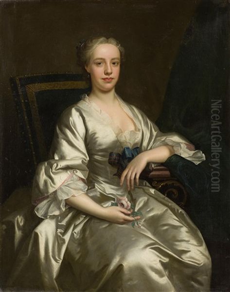 Three-quarter Length Portrait, Called Flora Macdonald Wearing A Satin Dress And Holding A Rose by Thomas Hudson