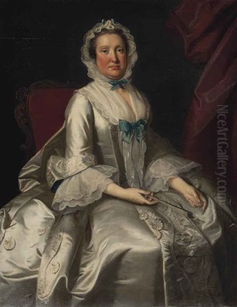 Portrait Of A Lady, Seated, Three-quarter Length, In A White Dress With Blue Ribbons, Holding A Fan Oil Painting by Thomas Hudson