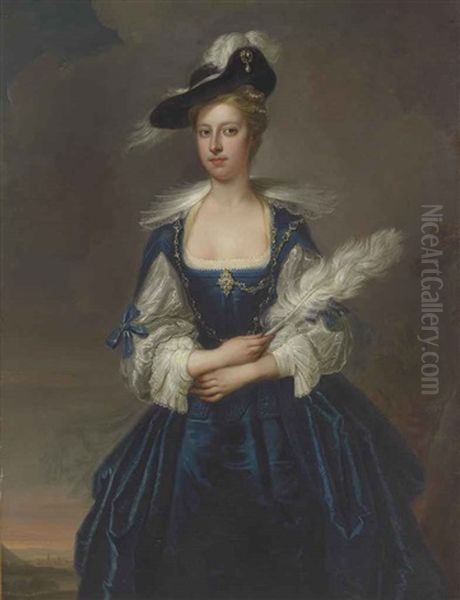 Portrait Of Elizabeth Dunch, Later Lady Oxenden, Three-quarter-length, Wearing A Blue Dress And Black Hat And Holding A White Feather Plume Oil Painting by Thomas Hudson