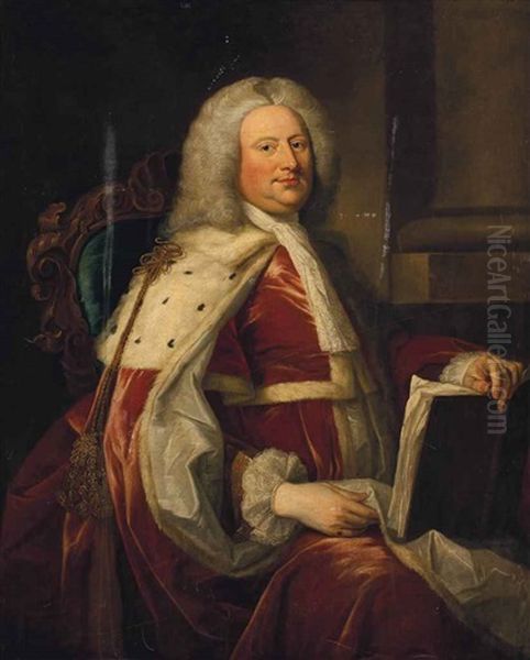 Portrait Of A Gentleman Traditionally Identified As An Ancestor Of Lord Granville, Three-quarter-length, In Coronation Robes, His Left Hand Resting Oil Painting by Thomas Hudson