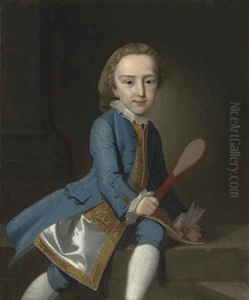 Portrait Of A Child, Three-quarter-length, With A Badminton Racquet And Shuttlecock, A Column Beyond Oil Painting by Thomas Hudson