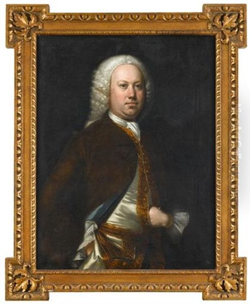 Portrait Of A Gentleman, Three-quarter Length In A Brown Velvet Coat And Gold Trim Waistcoat Oil Painting by Thomas Hudson